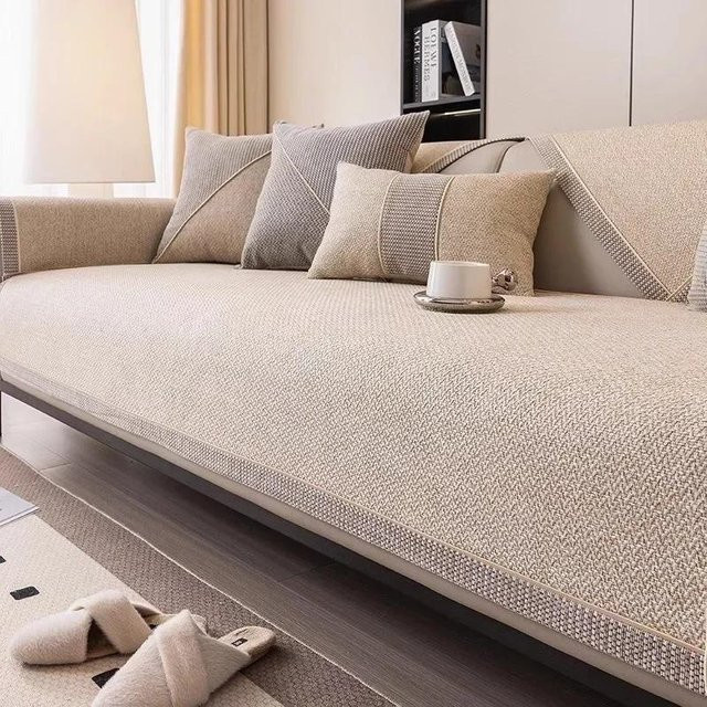 Yupartex Sofabezug aus Baumwolle und Leinen in Beige, quadratisches Kissen mit rutschfester Oberfläche, B/B: 45 x 45 cm - Bild 1