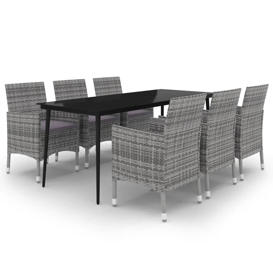 vidaXL 7-teilige Garten-Essgruppe aus Poly-Rattan und Glas in Grau und Schwarz mit Kissen - Bild 2