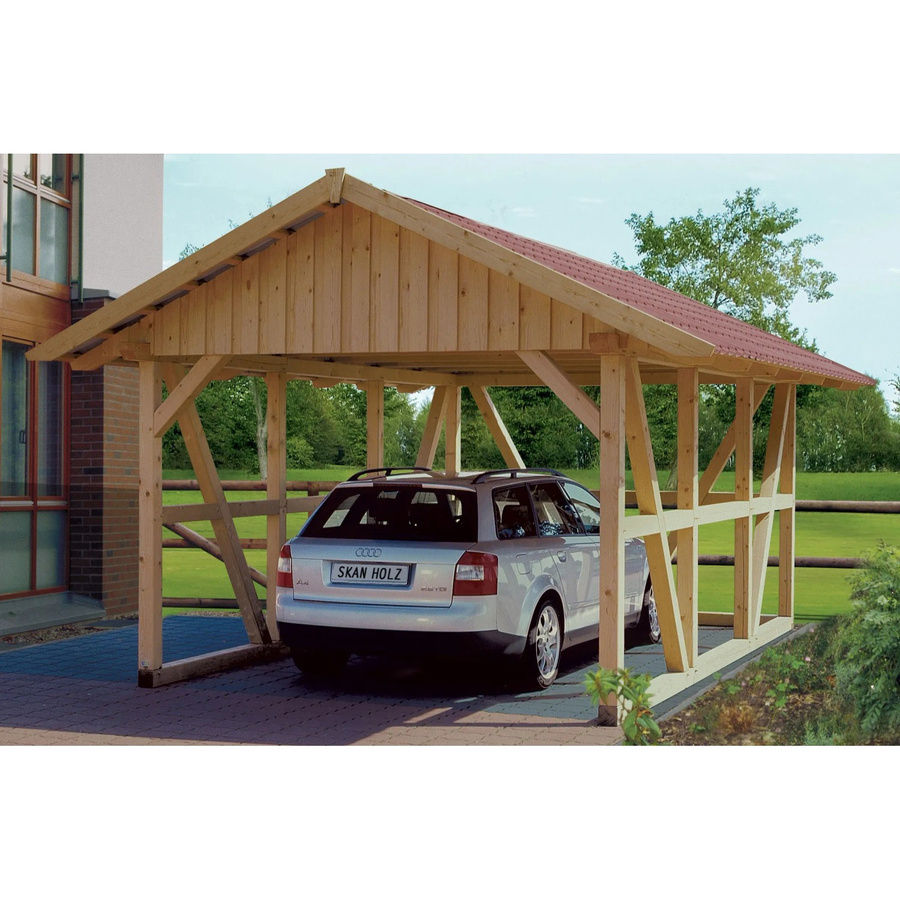 Skan Holz Fachwerk-Einzelcarport Schwarzwald aus Nadelholz in Braun mit spitzer Dachform, B: 424 cm, T: 772 cm, H: 310 cm - Bild 2