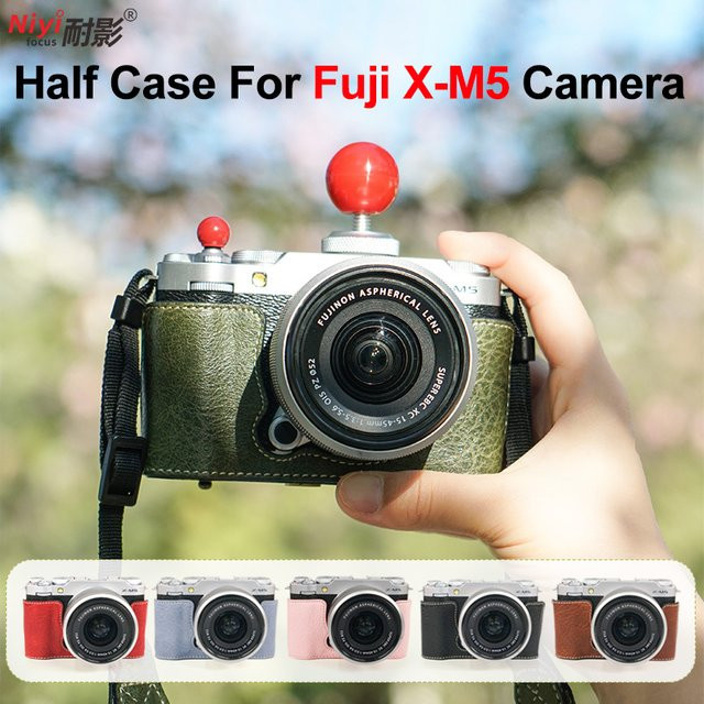 Fujifilm X-M5 Kameratasche aus Retro-Leder in Grün mit Schutzgurt und Basisabdeckung, wasserdichte halbe Hülle - Bild 1