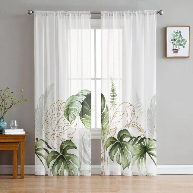 Yiran Furniture Transparente Tüll Vorhänge mit Aquarell Palme und grünen Blättern, Set aus 2 Stück, Organza Voile, Farbe: Grün/Weiß, Breite: 135 cm, Höhe: 215 cm - Bild 1