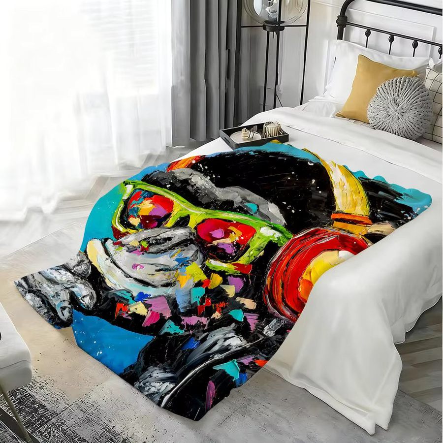 Weiche Flanell-Überwurfdecke mit DJ-Affen-Motiv in Weiß und Multicolour für Sofa, Bett oder Reisen - Bild 3