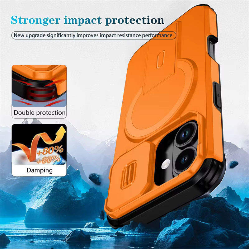 OLPAY Magnetische Panzerhülle mit Objektivschutz und Klapphalterung für iPhone 17 Air, 16, 15, 14, 13 Pro Max Plus, MagSafe kompatibel, Schwarz/Orange - Bild 2