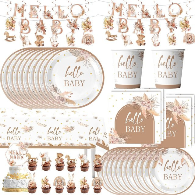 Hello Baby Partyzubehör Set aus Papptellern und Servietten für Taufe, Kommunion oder Babyparty in Multicolour - Bild 1