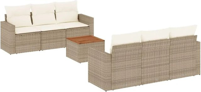 vidaXL 7-teilige Garten-Sofagarnitur aus Poly-Rattan und Akazienholz in Beige-Creme mit Kissen - Bild 1