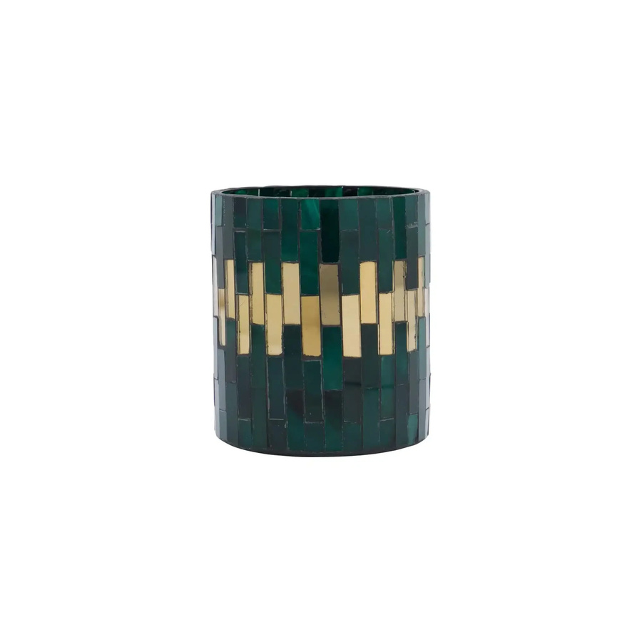 House Doctor Teelichthalter Shine aus grünem Glas-Mosaik mit Goldakzenten, Durchmesser: 10 cm, Höhe: 8,5 cm - Bild 1