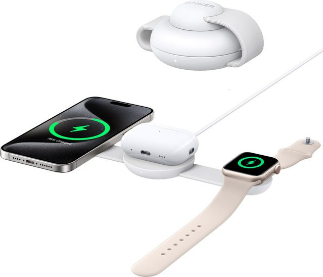 Anker MagGo Kabellose 3-in-1 Ladestation mit faltbarem Pad und USB-C Anschluss, Weiß - Bild 1