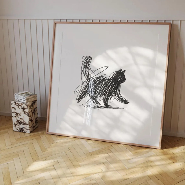 Minimalistisches Haustierporträt Scribble Cat als digitaler Download, schwarze Strichzeichnung für Katzenliebhaber als moderner Wanddruck - Bild 1