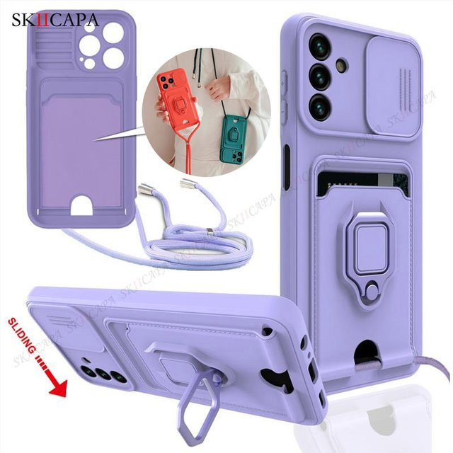 Slide Lens Card Slot Case für Samsung Galaxy A15 A25 A35 A55 A05 A05S A24 A34 A54 A14 A13 5G A32 mit Crossbody Lanyard Strap in Schwarz - Bild 1