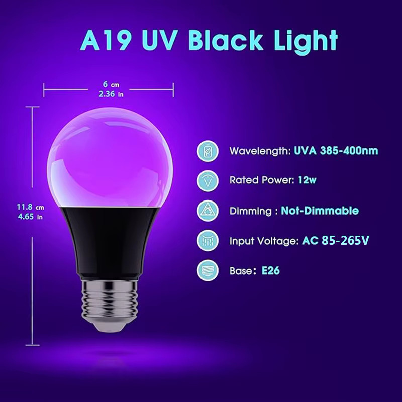 Kasotile UV-LED-Glühbirne E27 in Lila, 12W dekorative fluoreszierende Lichtlampe für Party-Effekte - Bild 2