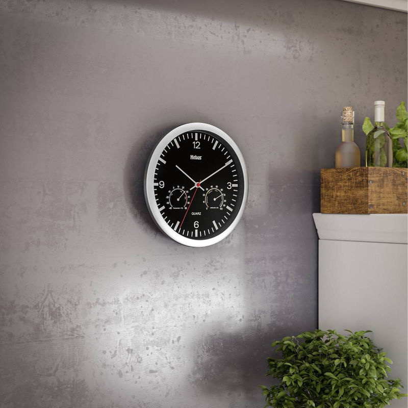 Mebus Wanduhr schwarz rund mit Quarzwerk und Klimastation, Durchmesser: 25 cm - Bild 5