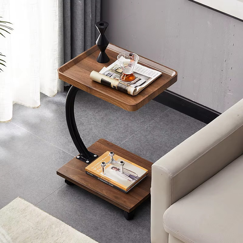 LIUSHADUOLA C-förmiger Beistelltisch in Walnuss Braun, moderner Couchtisch mit Rollen für das Wohnzimmer - Bild 3