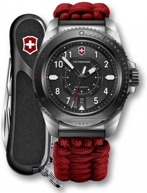 Victorinox Armbanduhr, Quarz, Edelstahl, 43 mm, Herren, schwarzes Zifferblatt, rotes Paracord - Bild 1