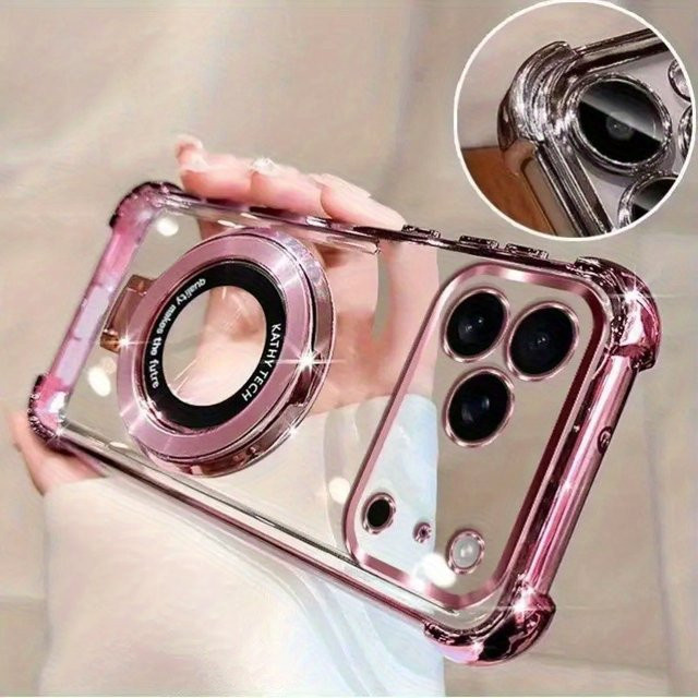 MagSafe Clear Case für Apple iPhone 11 12 13 14 15 16 17 Pro Max mit magnetischer Halterung und Ständerabdeckung, stoßfest, transparent, gold, pink - Bild 1
