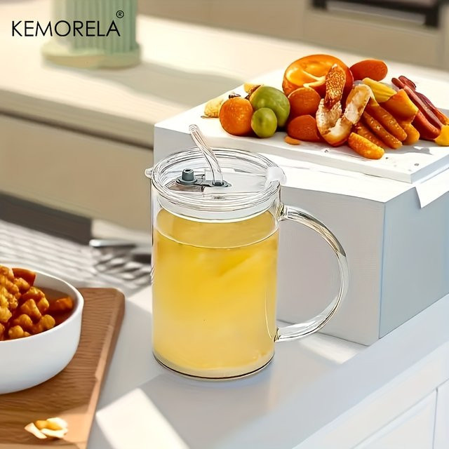 KEMORELA Glas Trinkbecher mit Deckel und Stroh, 1000 ml, Transparent - Bild 1