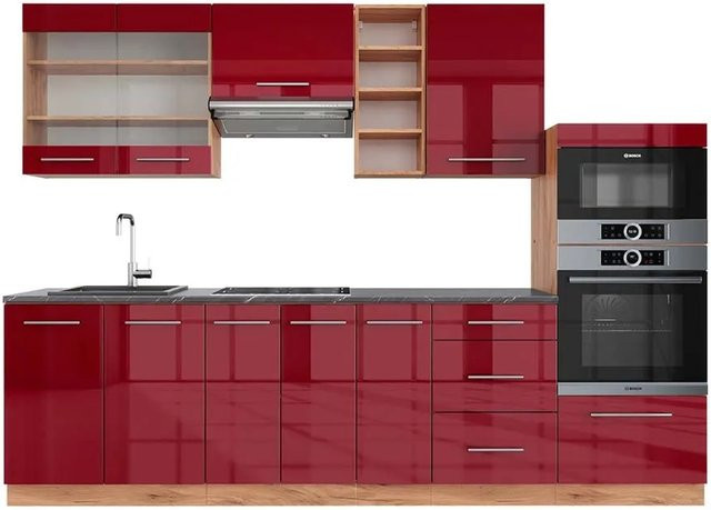 Vicco Fame-Line Küchenzeile Bordeaux Hochglanz Goldkraft Eiche Anthrazit Breite: 280 cm - Bild 1