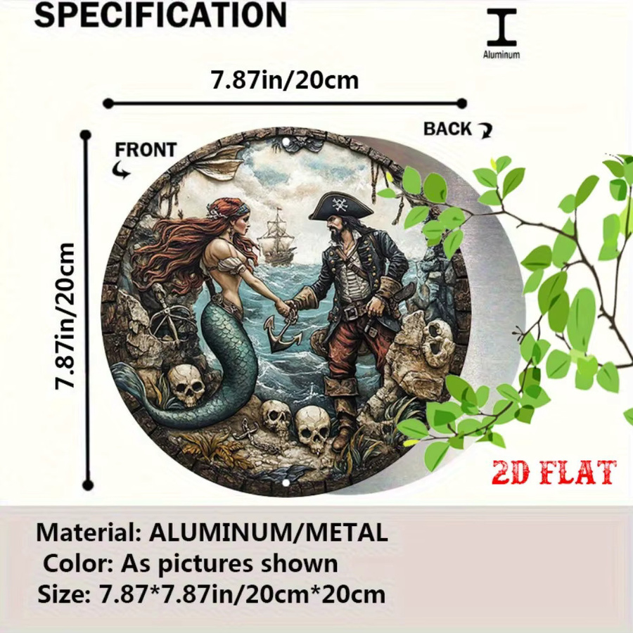Rundes Aluminiumschild CIFBUY mit Meerjungfrau und Anker Motiv, Maritime Metallwandkunst in Mehrfarbig - Bild 2
