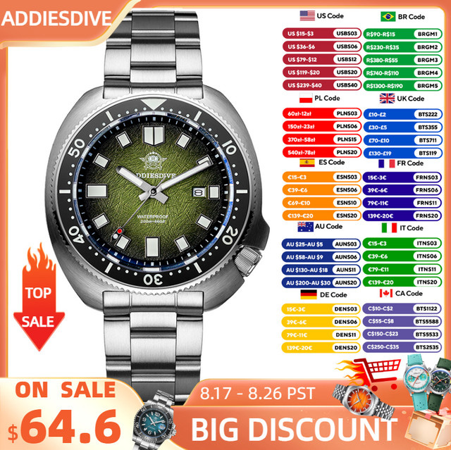 ADDIESDIVE Armbanduhr, Tauch-Quarzuhr, Edelstahl, Keramik, Grün, Herren - Bild 1