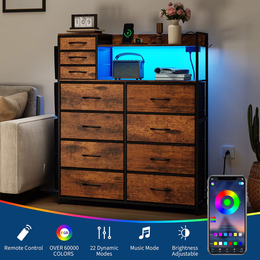 HiMISS Kommode mit 9 Stoffschubladen und offenen Regalen in Braun mit Metallrahmen und Ladestation für Wohnzimmer, Schlafzimmer oder Flur - Bild 2