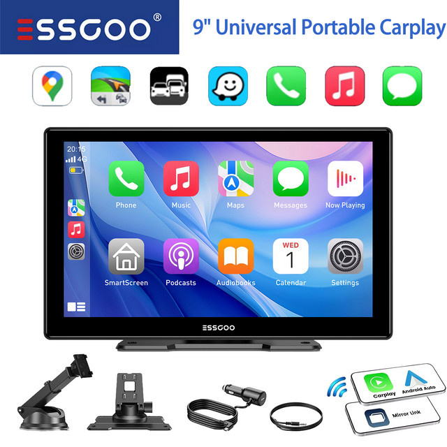 ESSGOO 9 Zoll universelles kabelloses CarPlay und Android Auto Infotainment-System mit Bluetooth, AUX, FM und Mirror Link in Schwarz - Bild 1
