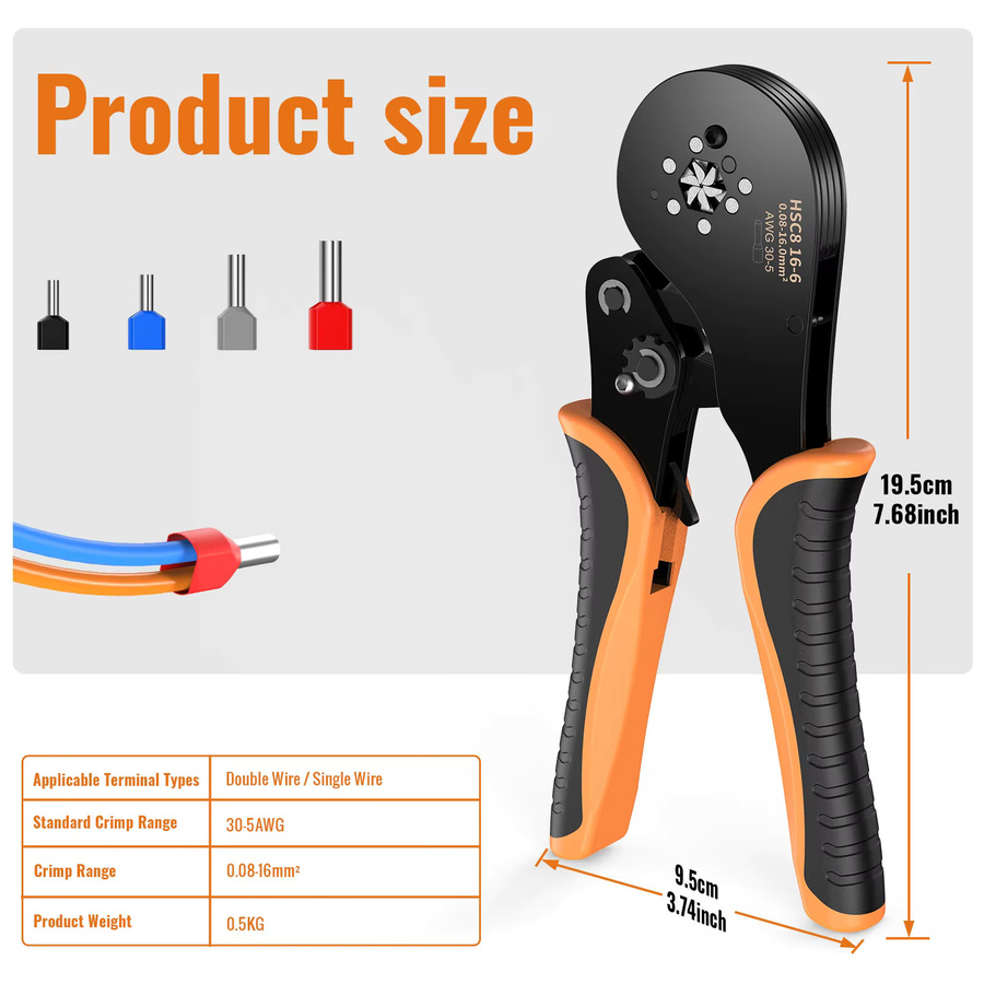 Sechskant-Kabelcrimpzangen-Set mit Ratschenfunktion für Aderendhülsen 0,08-16mm² AWG 30-5, inklusive 1200 Stück Einzel- und Doppelhülsenklemmen in Orange und Schwarz - Bild 5