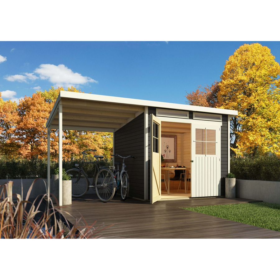 Karibu Holz-Gartenhaus Genf 4 in Terragrau mit Pultdach, Verglasung und Doppeltür aus Fichtenholz, Breite: 426 cm, Tiefe: 213 cm - Bild 2
