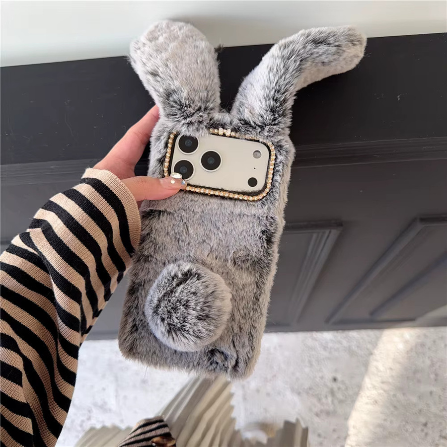 Flauschige Kaninchen Schutzhülle mit langen Ohren für Apple iPhone 11 bis 17 Pro Max Plus in Grau - Bild 1