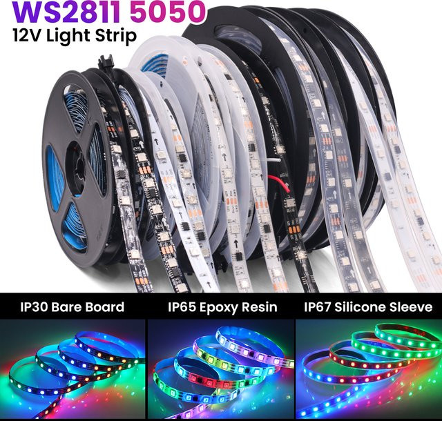 GAHADA WS2811 RGB LED-Streifen 12V mit adressierbaren 5050 SMD LEDs für TV-Hintergrundbeleuchtung, IP65 Schutzklasse, Multicolour - Bild 1