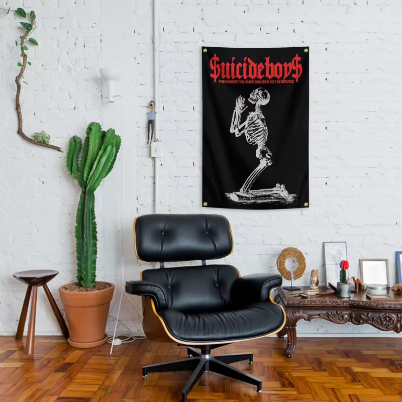VIKAMA Wandteppich mit Totenkopfmuster in Schwarz-Rot, abstrakte Wanddekoration für dein Zimmer - Bild 4