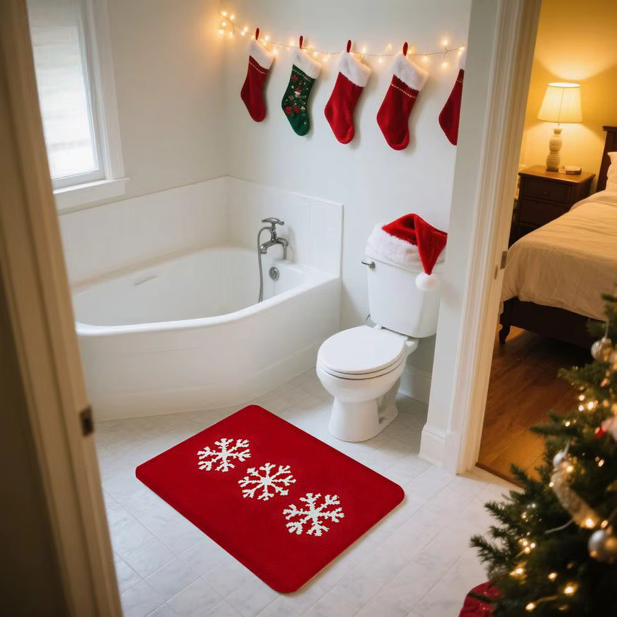 VIKAMA Rutschfeste Badezimmer Bodenmatte mit Weihnachten Schneeflocken Motiv in Rot und Weiß - Bild 3