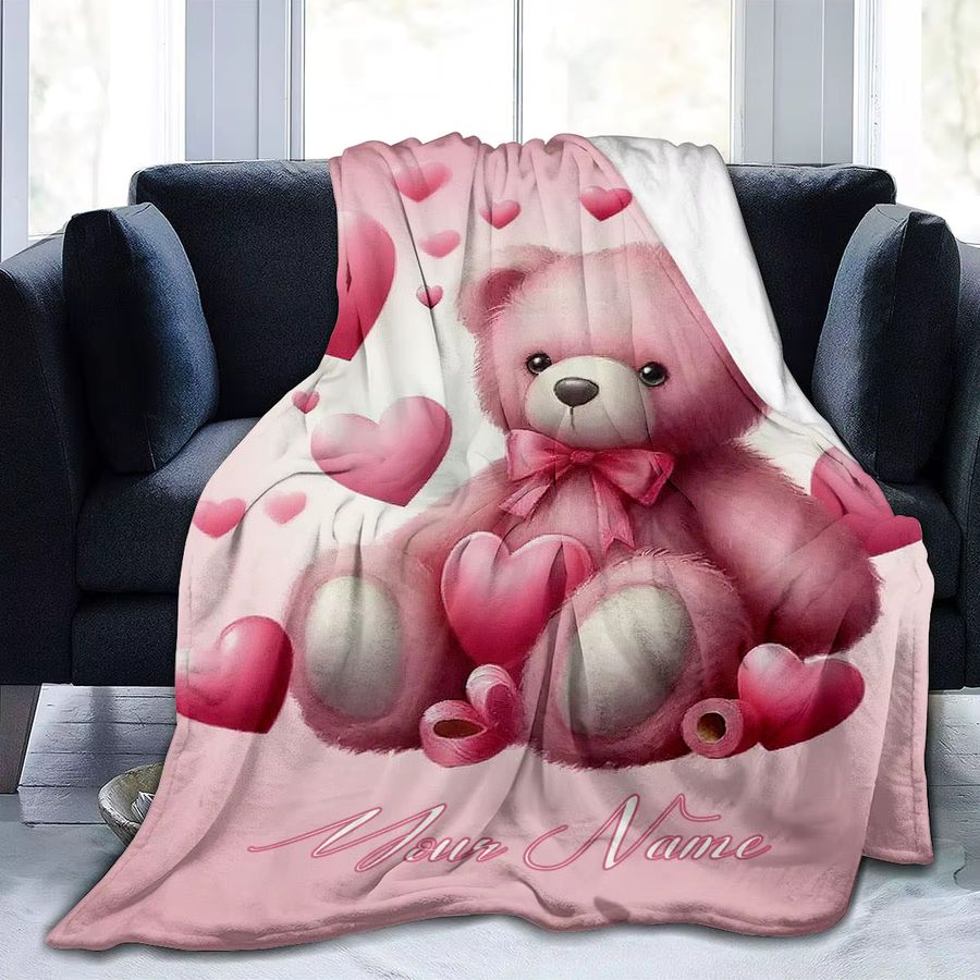 Personalisierte ZIZ Kuscheldecke mit rosa Bären-Design und Herzen in Pink - Bild 3
