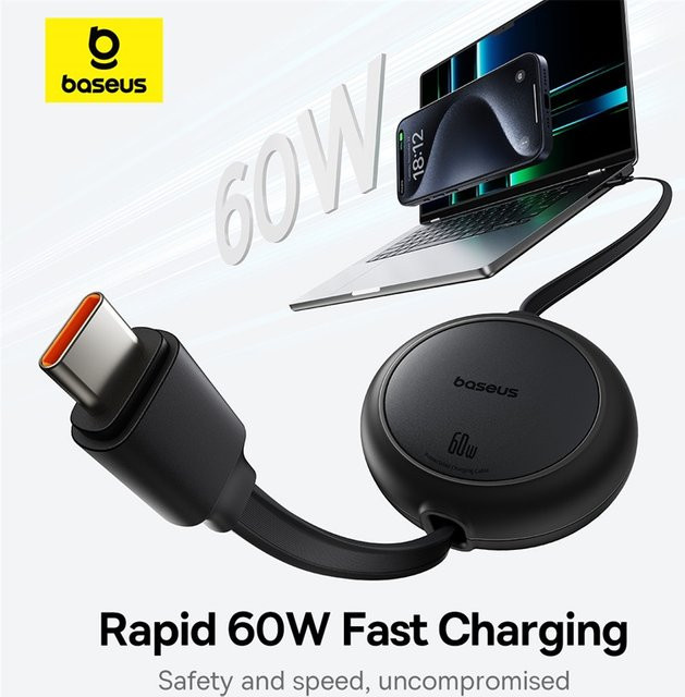 Baseus USB-C Kabel 60W einziehbar Schwarz für iPhone 15 Samsung Huawei und Xiaomi - Bild 1