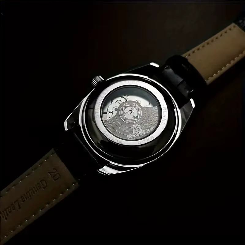 AOKULASIC Armbanduhr Automatik, Mondphasenanzeige, Blau, Leder, Herren - Bild 4