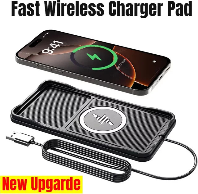 VIKEFON Drahtloses Auto-Ladegerät mit USB-A und USB-C Kabel, Schnelle Ladestation in Schwarz für iPhone, Samsung, Xiaomi und AirPods Pro 2 - Bild 1