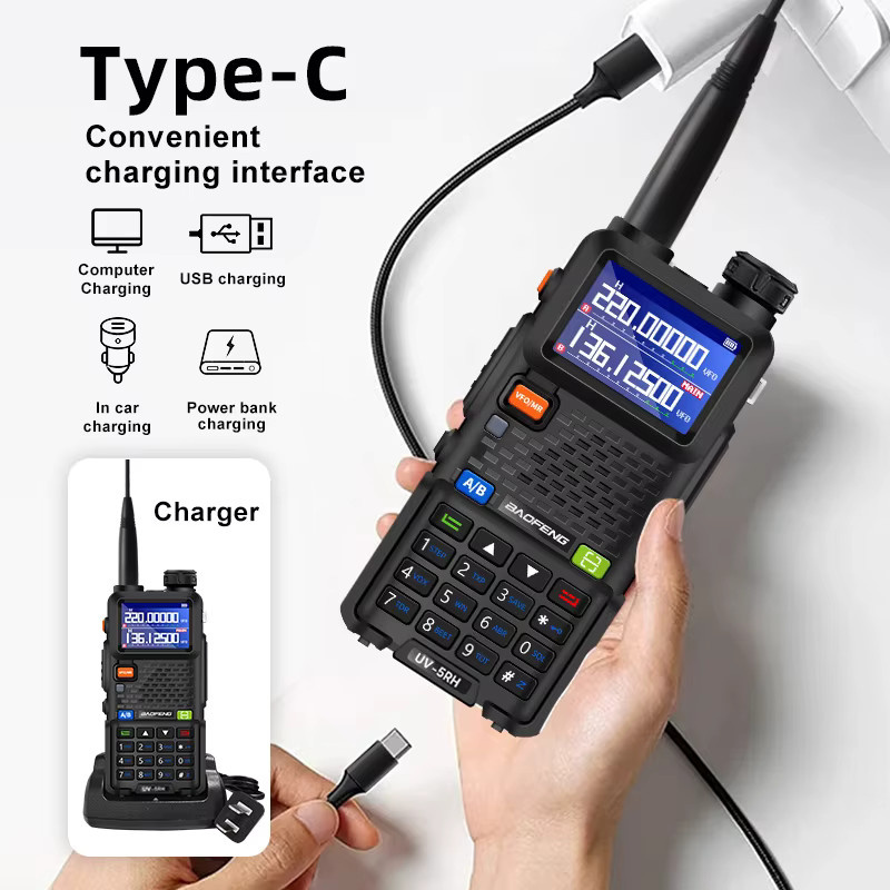Baofeng UV-5RH Walkie-Talkie Sechs-Band-Transceiver mit Ein-Klick-Frequenzkopierer, 999 Kanäle, USB-C, Schwarz - Bild 2