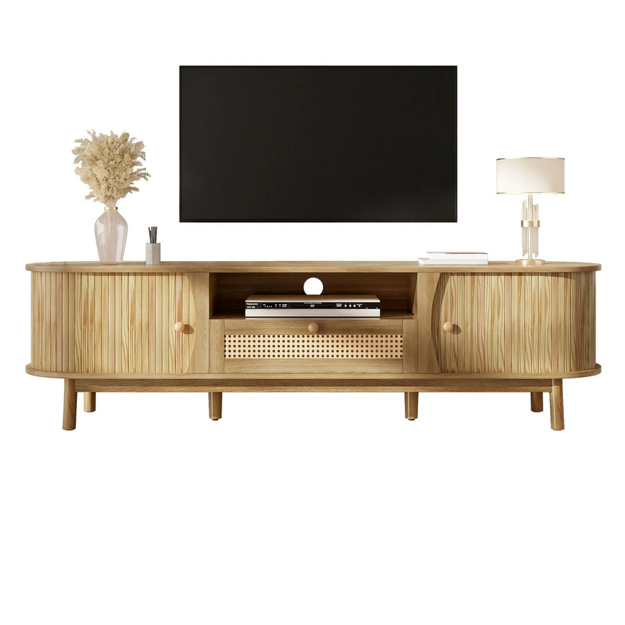 okwish TV Schrank aus Massivholz und Rattan mit Türen und Schubladen, Natur, B: 165 cm, T: 46 cm, H: 37 cm - Bild 2