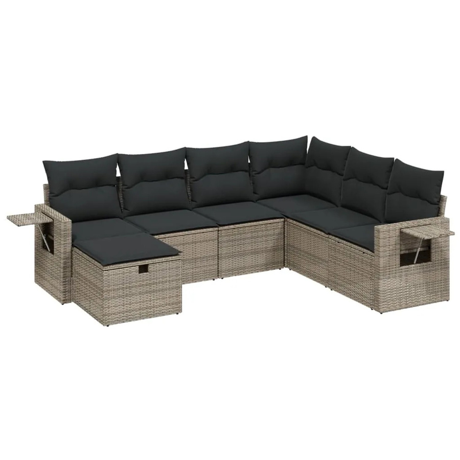 vidaXL 7-teilige Garten-Sofagarnitur in L-Form aus grauem Poly Rattan mit Kissen und Ottoman - Bild 2