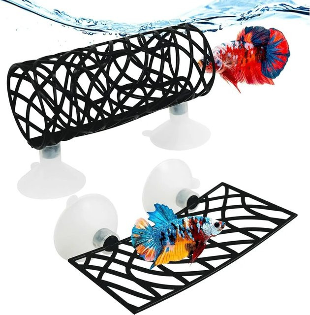 ZHUOJI Betta-Fischversteck in Schwarz mit Hängematte und Hohltunnel als Aquarium-Dekoration für Krebse, Garnelen und kleine Fische - Bild 1