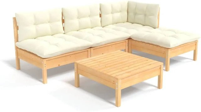 vidaXL 5-tlg Garten-Lounge-Set aus Kiefernholz mit cremeweißen Polstern - Bild 1
