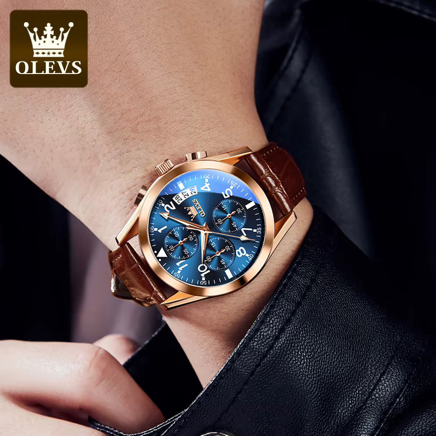 OLEVS Armbanduhr Quarz, Lederband, Blau, Herren - Bild 2