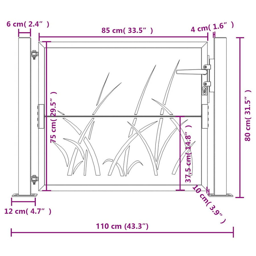 vidaXL Gartentor aus verzinktem Stahl in Anthrazit mit Gras-Design, B/H: 105 x 80 cm - Bild 2