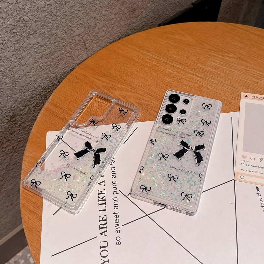 Luxuriöse Glitzer-Schutzhülle mit Treibsand-Effekt und schwarzer Schleife für Samsung Galaxy S22 Plus, S23, S24 und S25 Ultra inklusive Trageband in Schwarz - Bild 2