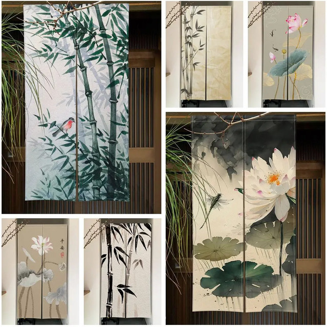 VIKAMA Japanischer Bambus-Lotus-Türvorhang aus Leinen in Multicolour mit Tuschmalerei-Design für Küchen und Eingänge, Breite: 90 cm, Höhe: 65 cm - Bild 1