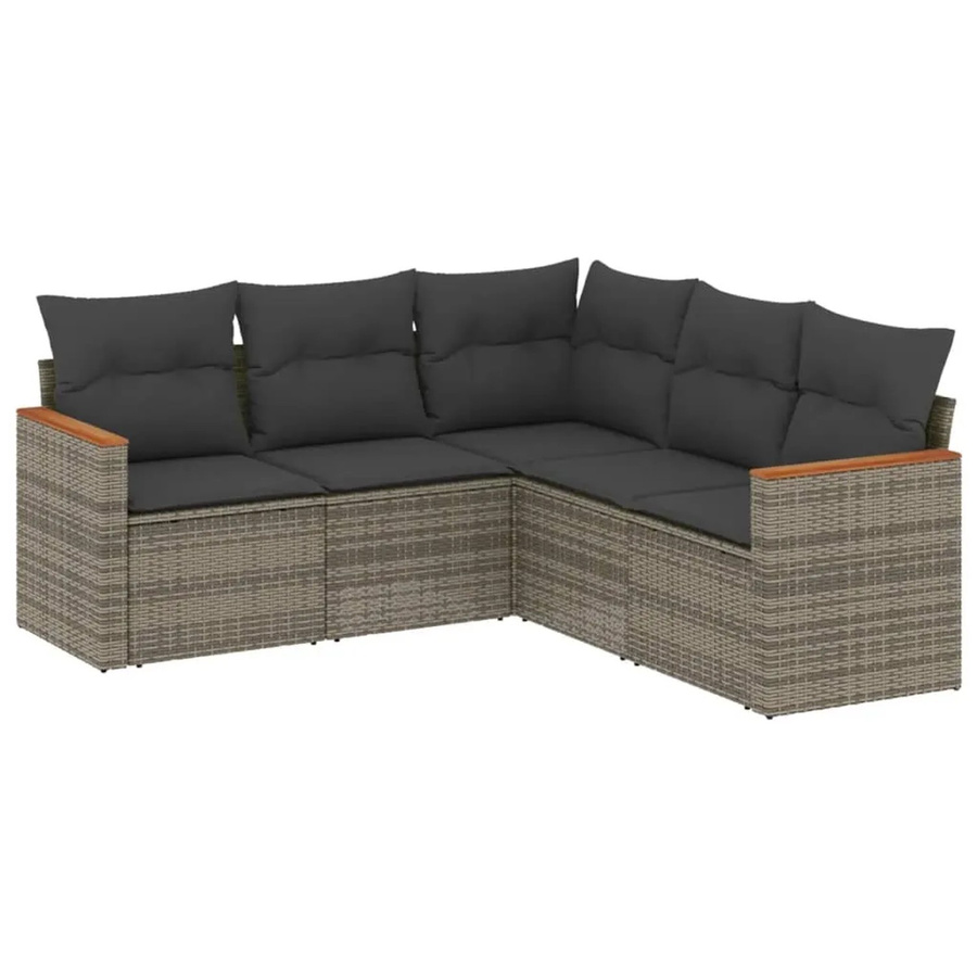 vidaXL 5-tlg Garten-Sofagarnitur in L-Form aus Polyrattan und Akazienholz mit Kissen in Grau - Bild 2