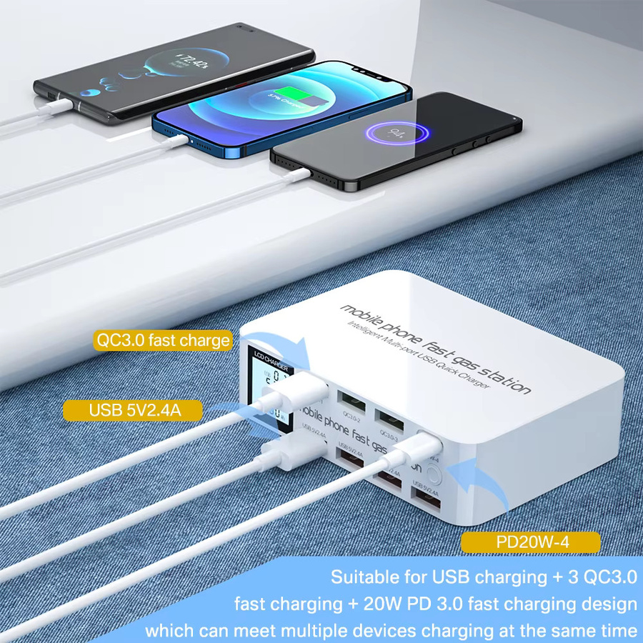 ASOMETECH 8-Port USB-C Schnellladegerät mit LCD-Digitalanzeige, PD3.0 und QC3.0 Ladestation in Weiß für iPhone und Android - Bild 3