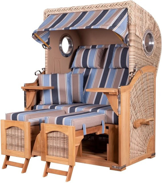Bene Living Strandkorb Komplettset Ammersee Modell 580 aus Teakholz mit Bullauge und PE Shell in Blau-Braun gestreift - Bild 1