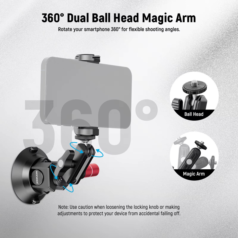 Neewer Saugnapf-Kamerahalterung mit Kugelkopf und magischem Arm in Schwarz für iPhone, DJI und Insta360 - Bild 5