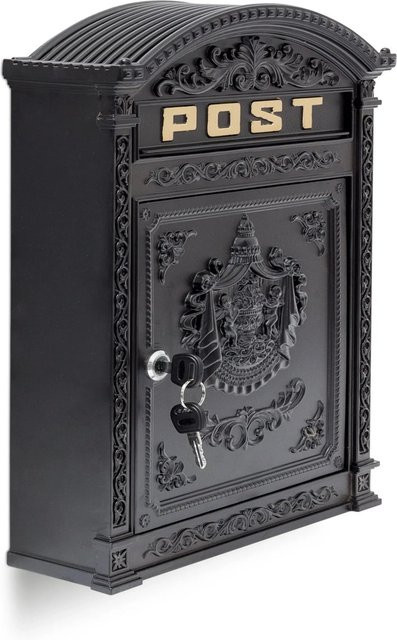 Relaxdays Wandbriefkasten aus Aluguss in Schwarz mit Goldakzenten, B/T/H: 44,5 x 31 x 9,5 cm - Bild 1