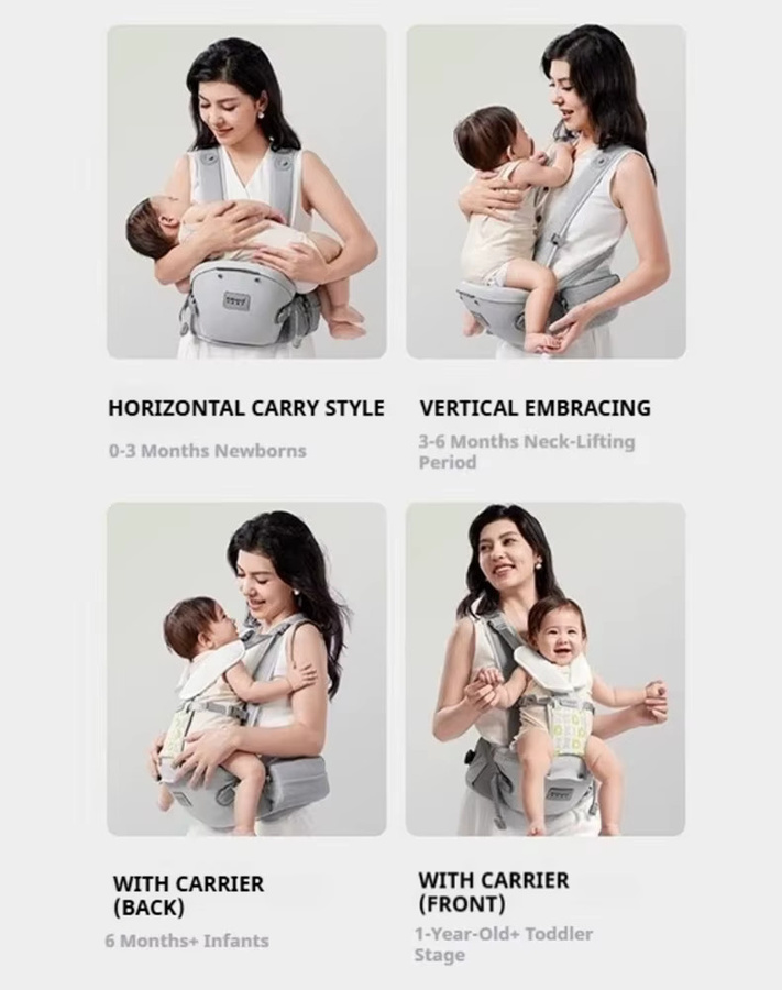 AIBEDILA Ergonomische Babytrage als Taillenhocker mit Knopf für Neugeborene bis 36 Monate in Beige oder Grau - Bild 4