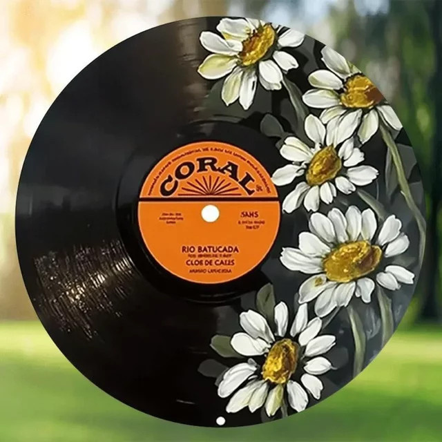 Potdemiel Vintage-Vinyl-Wandkunst aus Aluminium mit Gänseblümchen-Design, Schwarz, Durchmesser: 20,32 cm - Bild 1